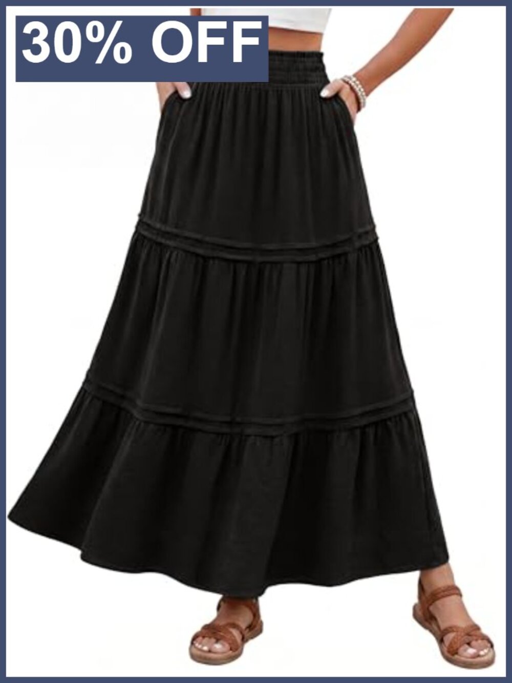 Womens Tiered Maxi Skirt High Waist A-Line Smocked Flowy with Pockets